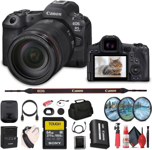 Canon EOS R5 Mark II Mirrorless Camera with 24-105mm f/4 Lens (6536C012) + 64GB SF-M Tough Series Memory Card + Bag + Card Reader + Filter Kit + Flex Tripod + Cleaning Kit + More (Renewed)