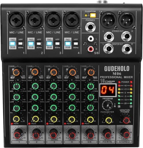 6-Channel Professional DJ Audio Mixer, DJ Controller Sound Mixer DSP 16 Preset Effects, Ideal for Home Party and Karaoke