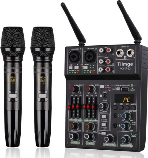 Professional Audio Mixer With Dual Wireless Microphone, Sound Board Console System Interface 4 Channel Dj Mixer USB Bluetooth MP3 Computer Input 48V Phantom Power, Suitable for DJ Karaoke PC Guitar