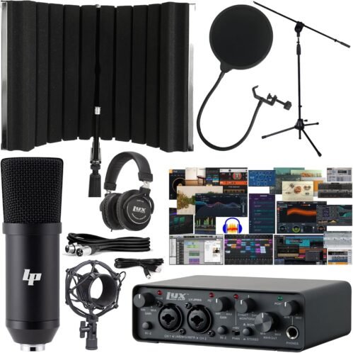 2×2 USB Audio Interface with Asio Driver and NEW Creative Software Bundle with LP Professional Condenser Microphone Kit, Mic Stand and Recording Headphones, Isolation Recording Shield