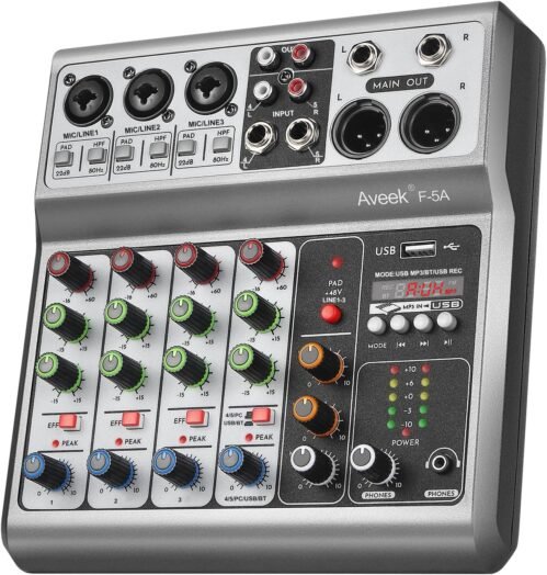 Aveek Professional Audio Mixer, Sound Board Mixing Console with 5 Channel Digital USB Bluetooth Echo Delay Effect, Input 48V Phantom Power Stereo DJ Mixers for Recording, Live Streaming, Podcasting