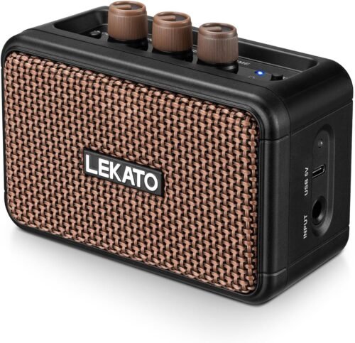 LEKATO Mini Electric Guitar Amplifier, Dual Speakers 5W, Rechargeable Guitar Amp Bluetooth with Clean Overdrive Effects, Headphone Jack, Retro Portable Small Amp for Practice