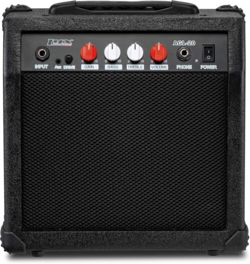 LyxPro Electric Guitar Amp 20 Watt Amplifier Built in Speaker Headphone Jack and Aux Input Includes Gain Bass Treble Volume and Grind – Black
